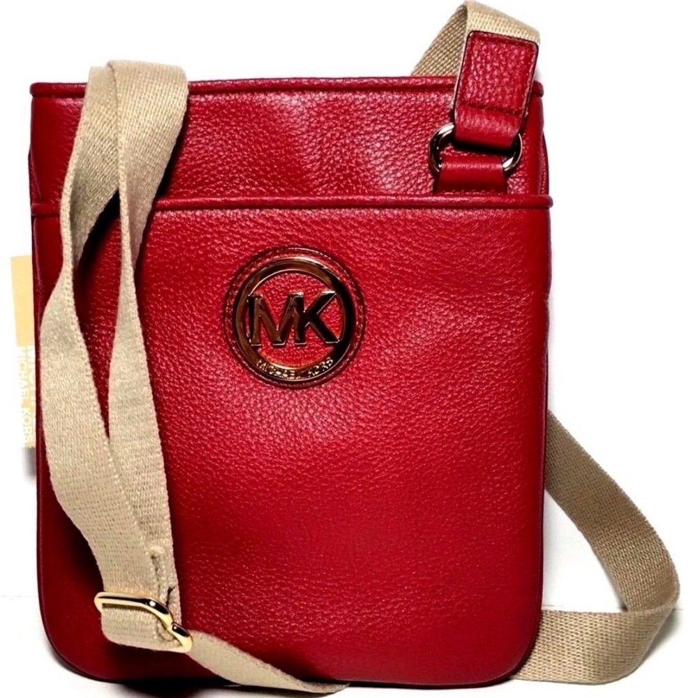 Michael Kors Cherry Red Fulton Leather Crossbody Bag with Gold Logo